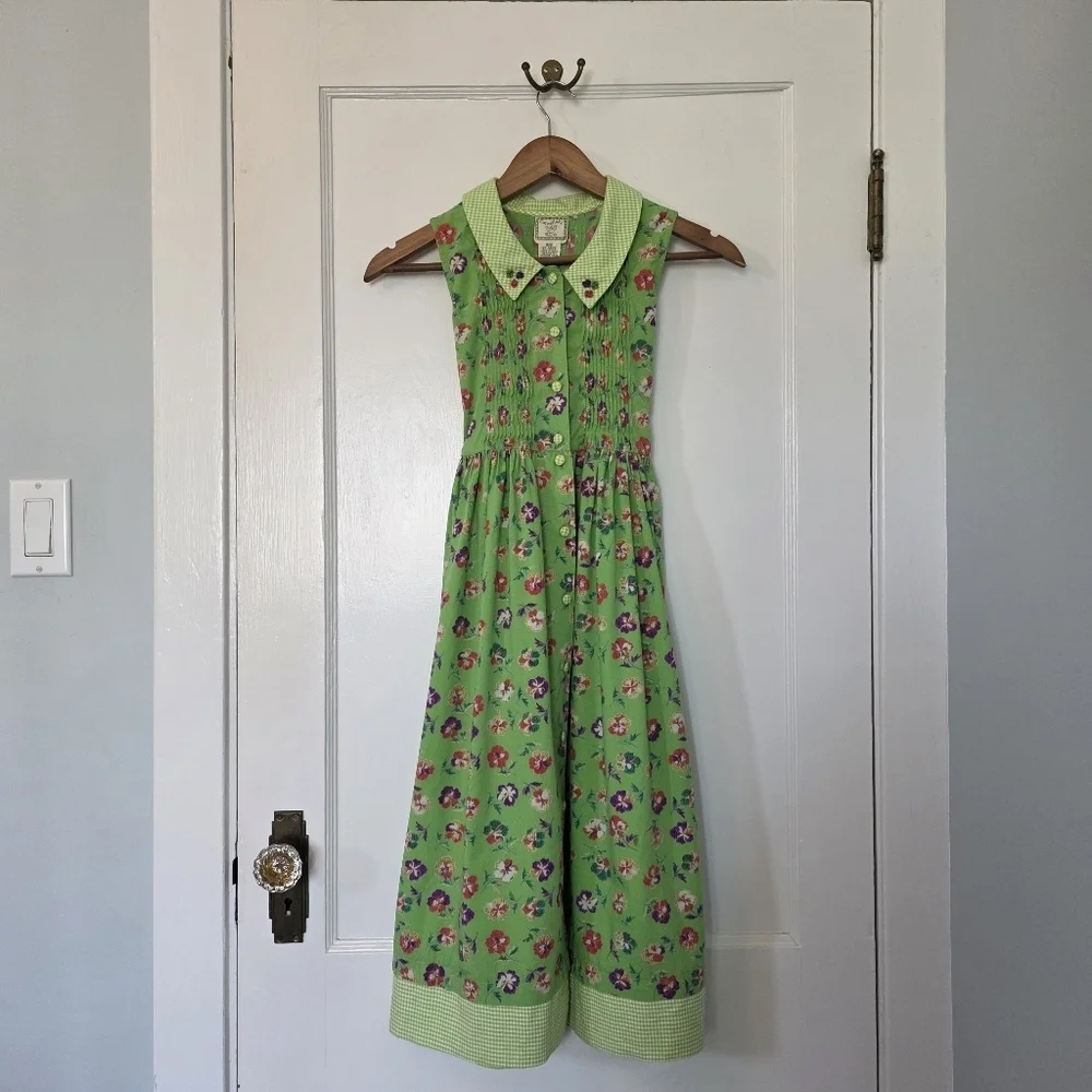 Vintage Cornelloki Dress by April Cornell – Girls Size 9/10 – Green/Pansy Floral - Picture 1 of 8